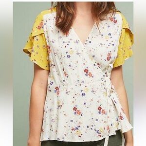 Cream and Gold  Wrap Blouse with Tie Front. In EUC. Size M